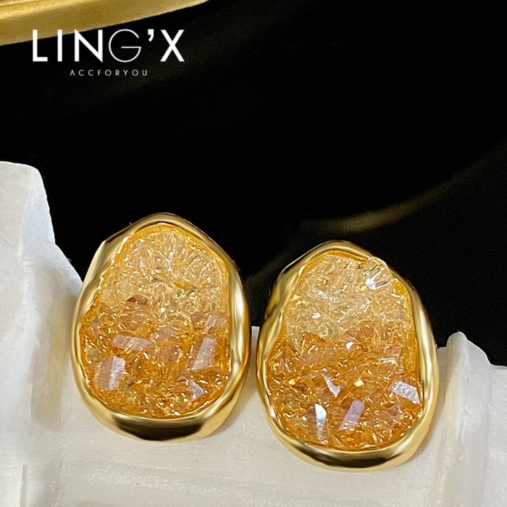 Light Luxury Irregular Gradient Crystal Earrings Green Orange